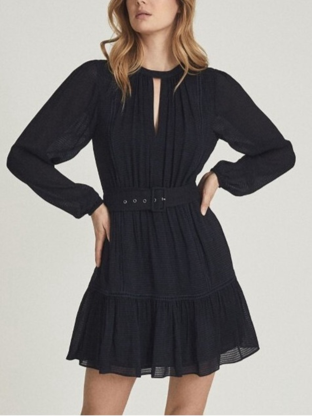 REISS Vienna Textured Long Sleeve Mini Dress